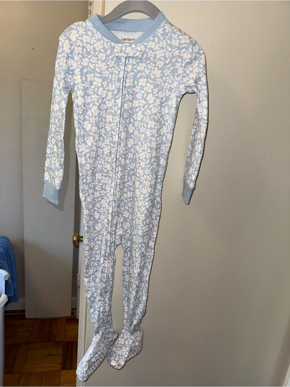 Carter's Light Blue and White Floral Footed One-Piece